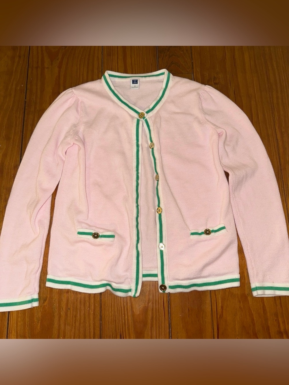 Janie and Jack Girl’s Pink Cardigan with Green and White Trim- Size 8